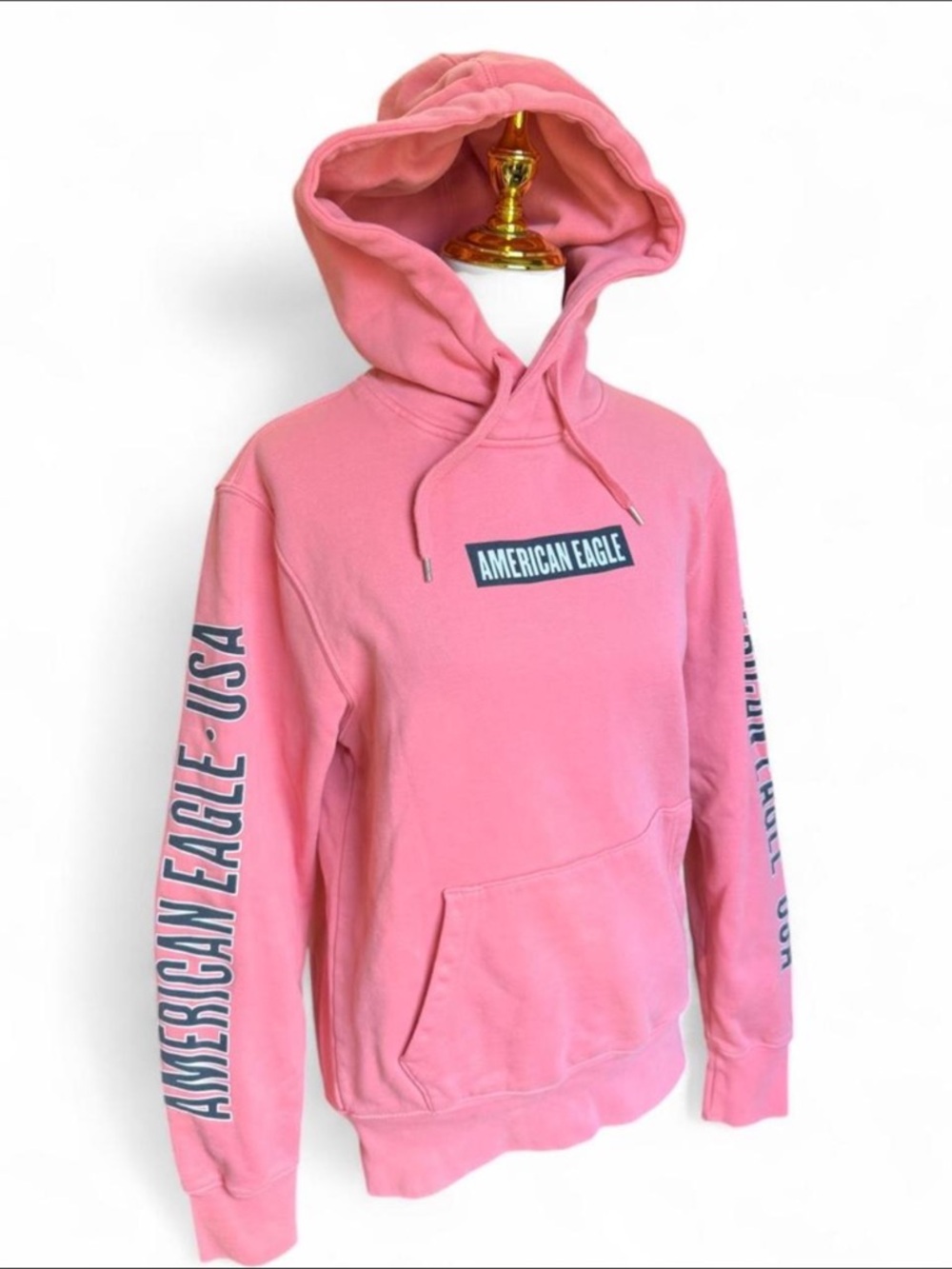 American Eagle Y2K Box Logo Hoodie Coral Pink Graphic Sleeve Women's XS